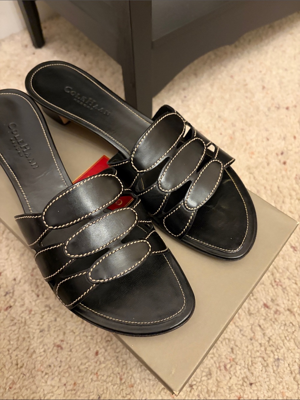 Cole Haan Black Multi-Strap Slide Mules with Contrast Stitching